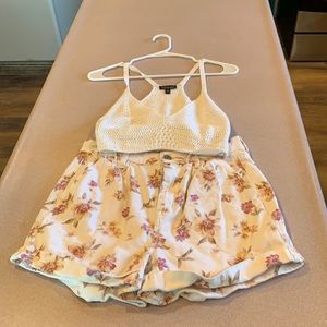 White Crop with floral jean shorts.